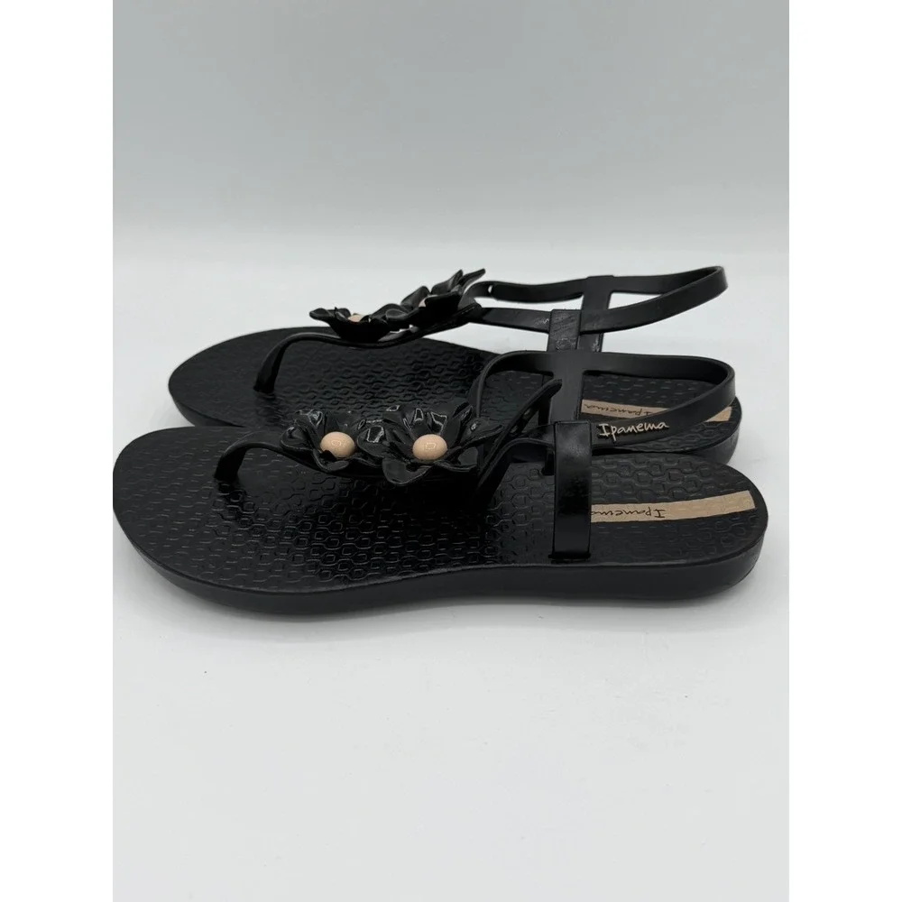 Ipanema Duo Flowers Girls Sandals Strappy Sling Black Beach Flats Size 2/3